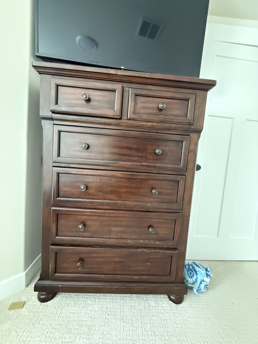 Dark Wood Dresser/Armoire Combo - 5 Drawers & Shelving Unit for Storage and Entertainment