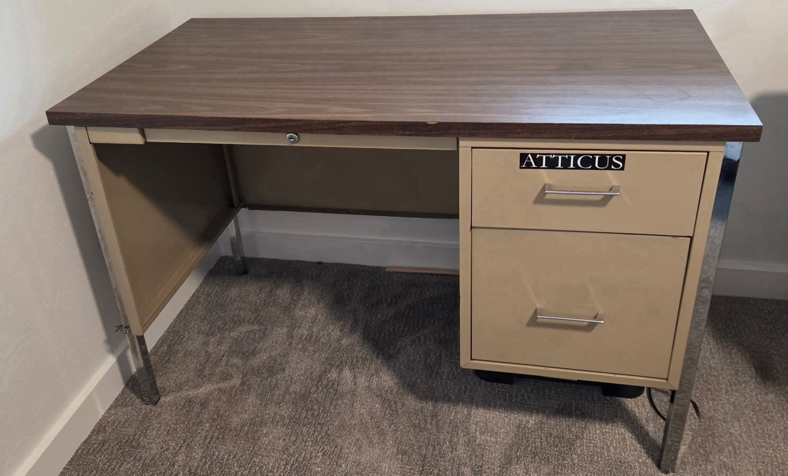 Vintage Metal Office Desk with Wood Grain Top and Drawers