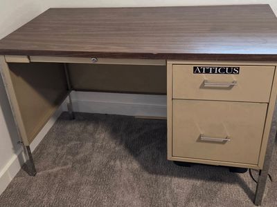 Vintage Metal Office Desk with Wood Grain Top and Drawers
