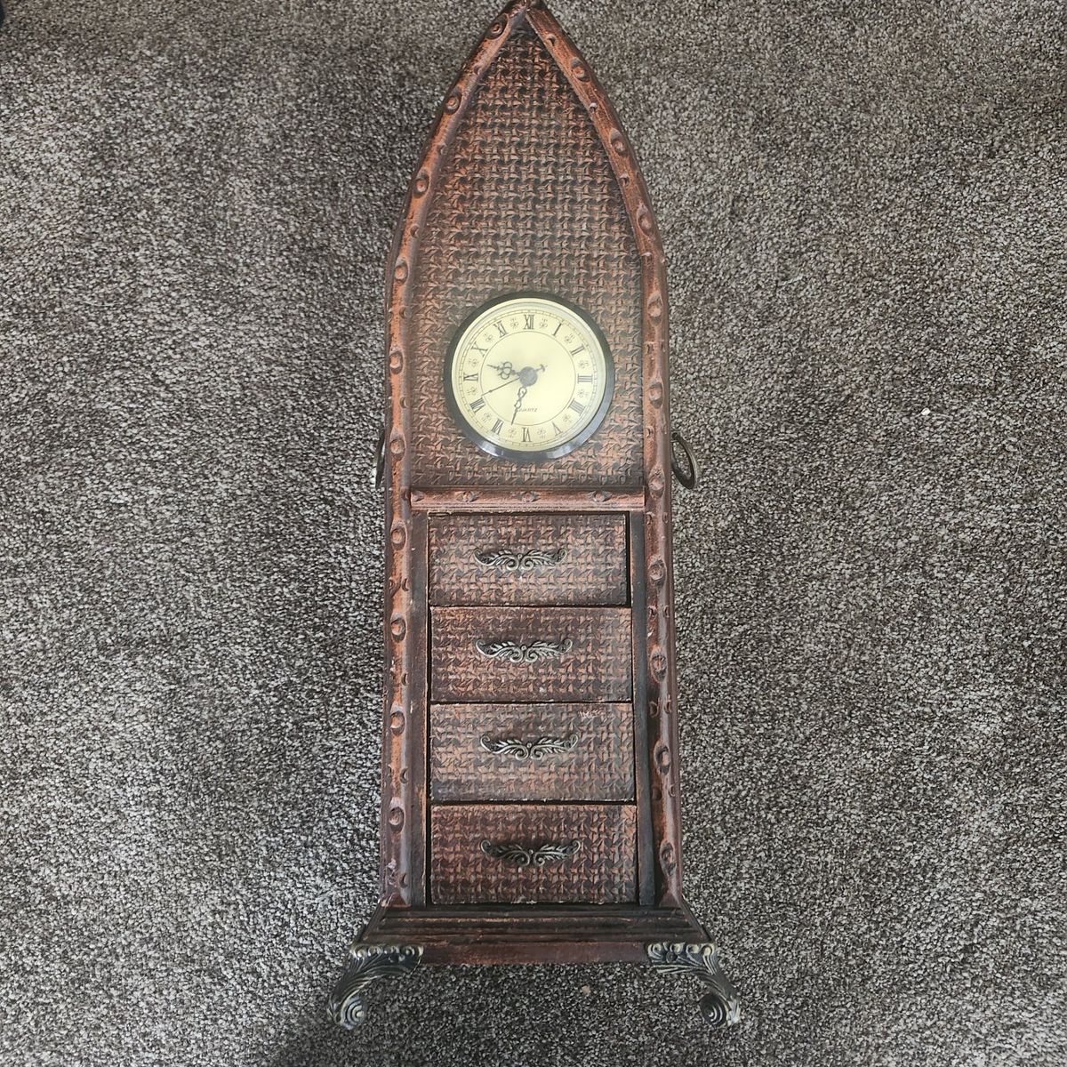 Vintage Wooden Decorative Clock and Storage Box with Ornate Metal Feet