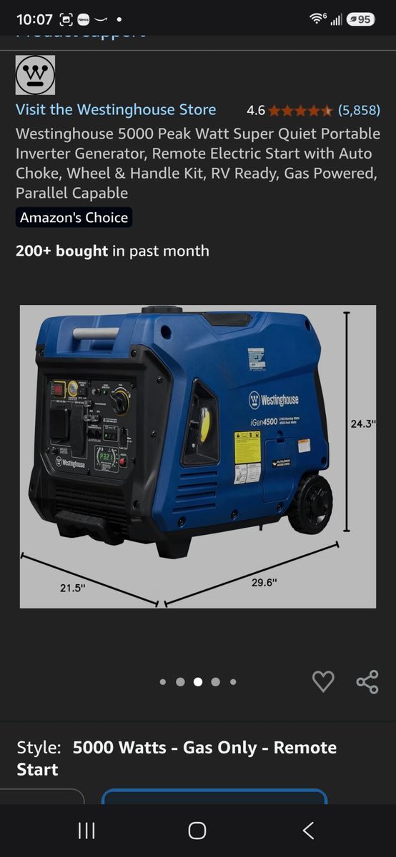 Westinghouse iGen5000 Portable Inverter Generator - 5000 Peak Watts, Remote Start