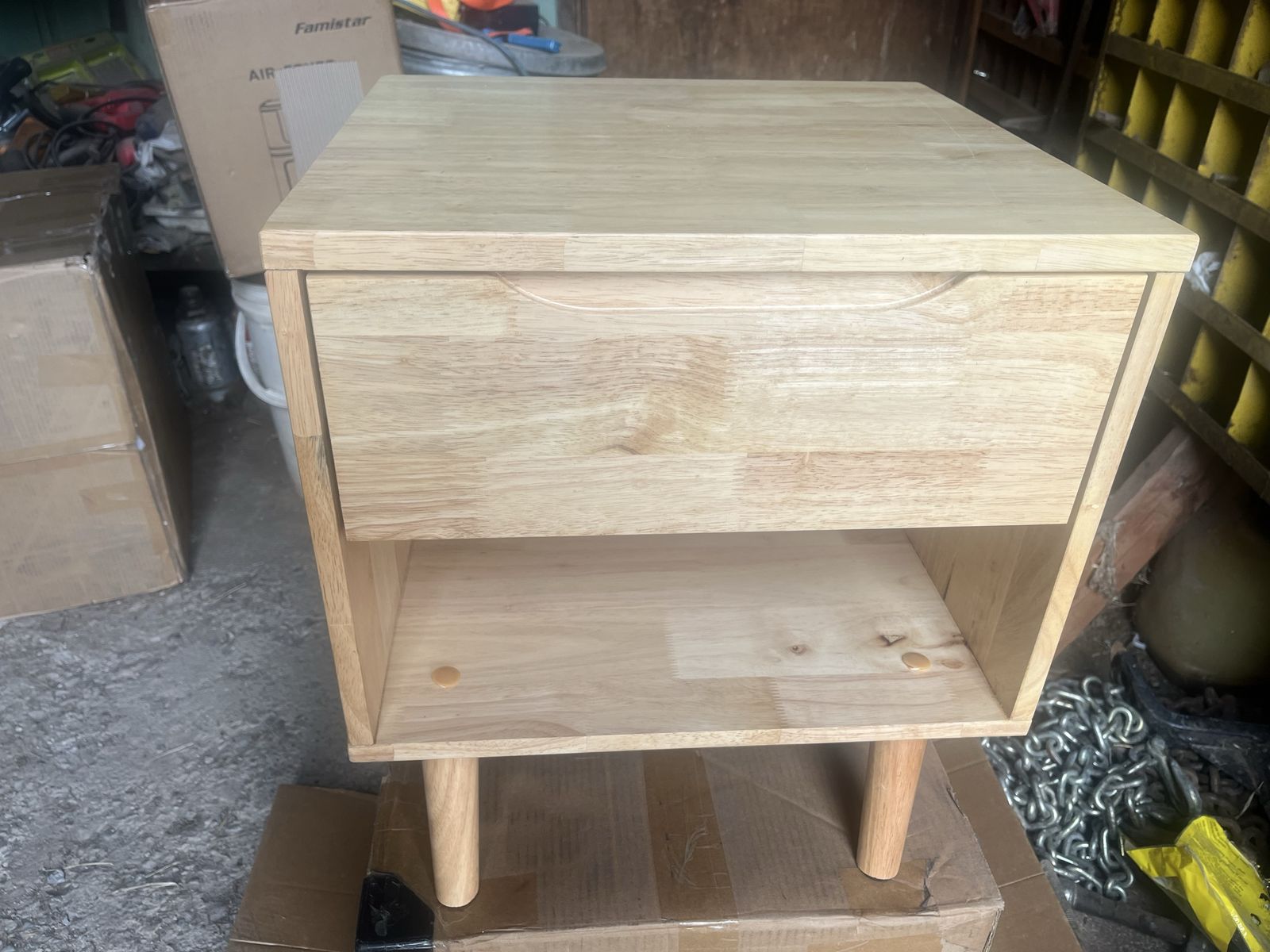 Wooden Nightstand with Drawer and Open Shelf - Light Wood Finish Mid-Century Modern Side Table
