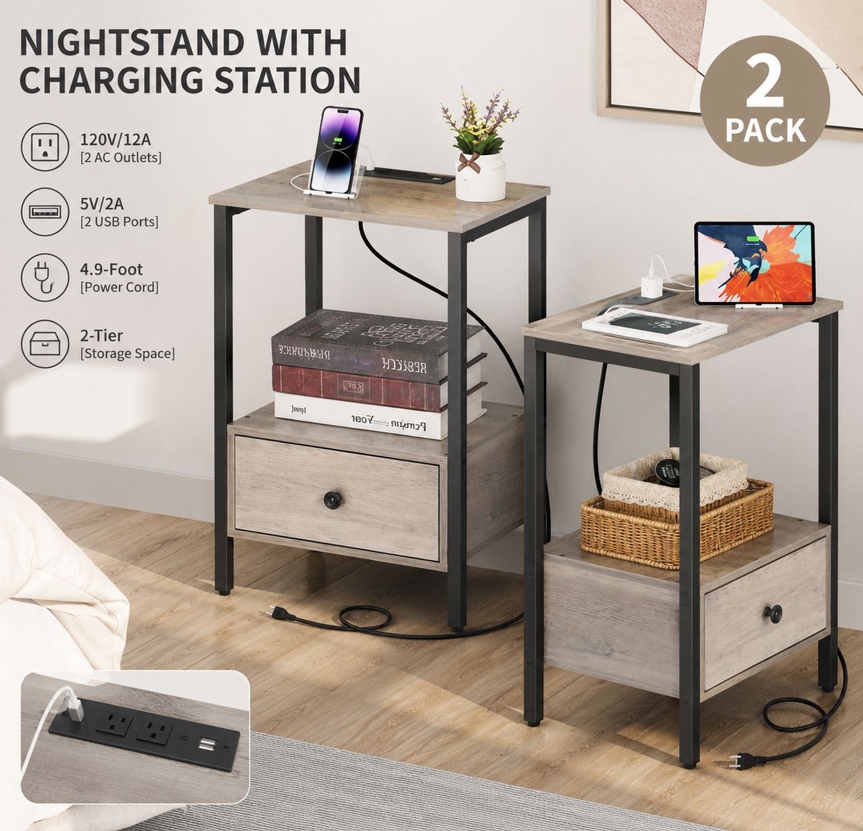 Nightstands with Charging Station — Set of 2 - grey