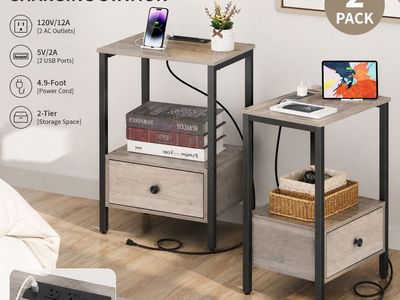 Nightstands with Charging Station — Set of 2 - grey