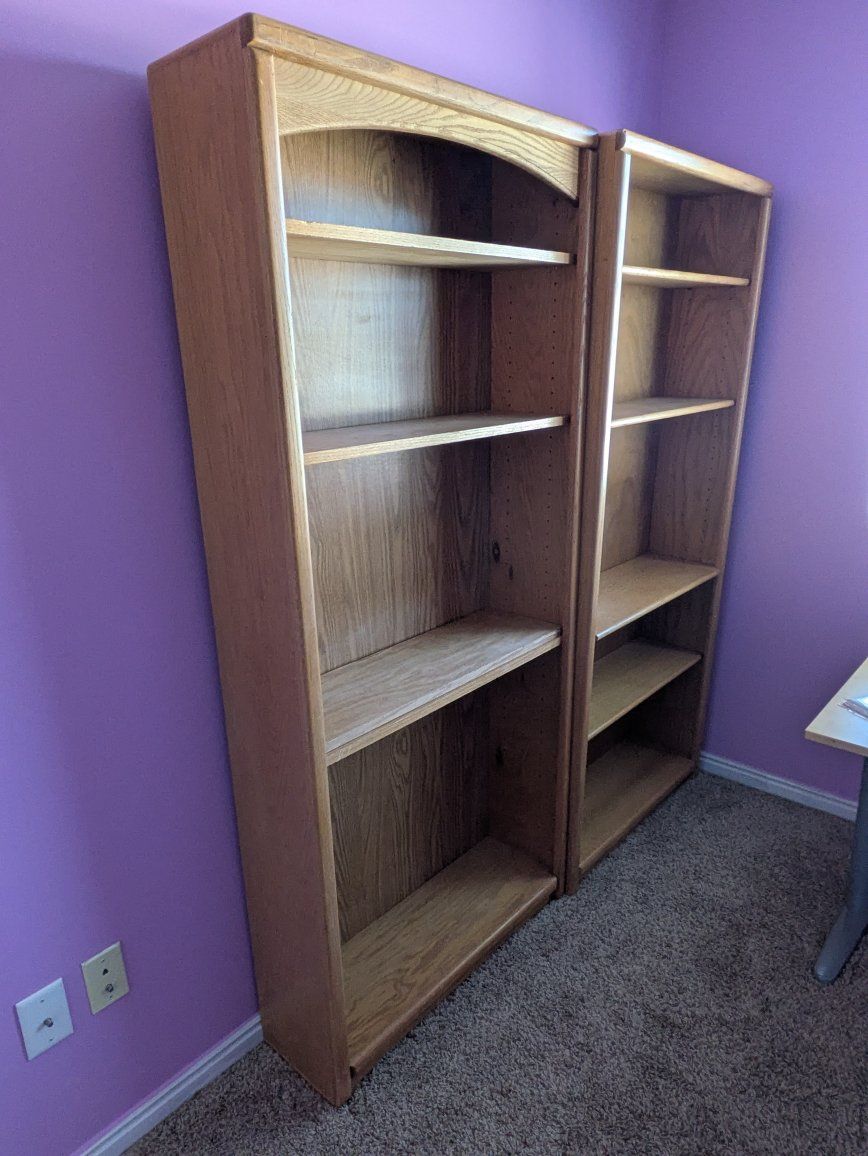 6 ft Wooden Bookcases - Pair of Tall  Finish Shelving Units