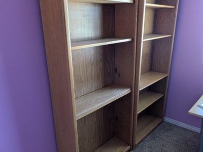 6 ft Wooden Bookcases - Pair of Tall Finish Shelving Units