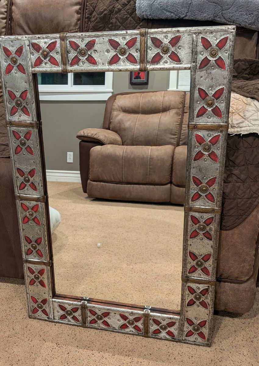 Vintage Pier 1 Syrian/Mexican Style Pewter, Brass and Enameled Wall Mirror