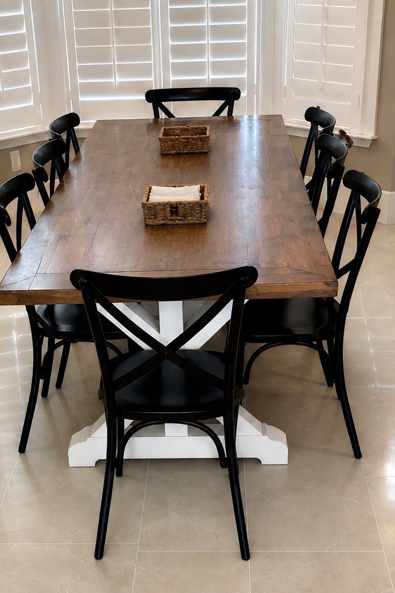 Rustic Farmhouse Wooden Dining Table with White Trestle Base