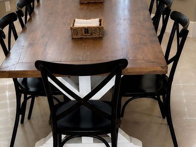Rustic Farmhouse Wooden Dining Table with White Trestle Base