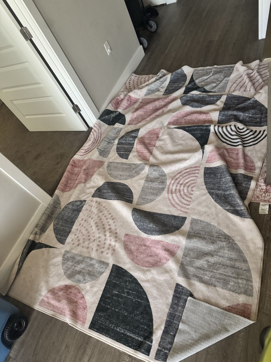 Modern Geometric Area Rug - Pink, Grey, and Cream Abstract Arch Pattern and smaller rug