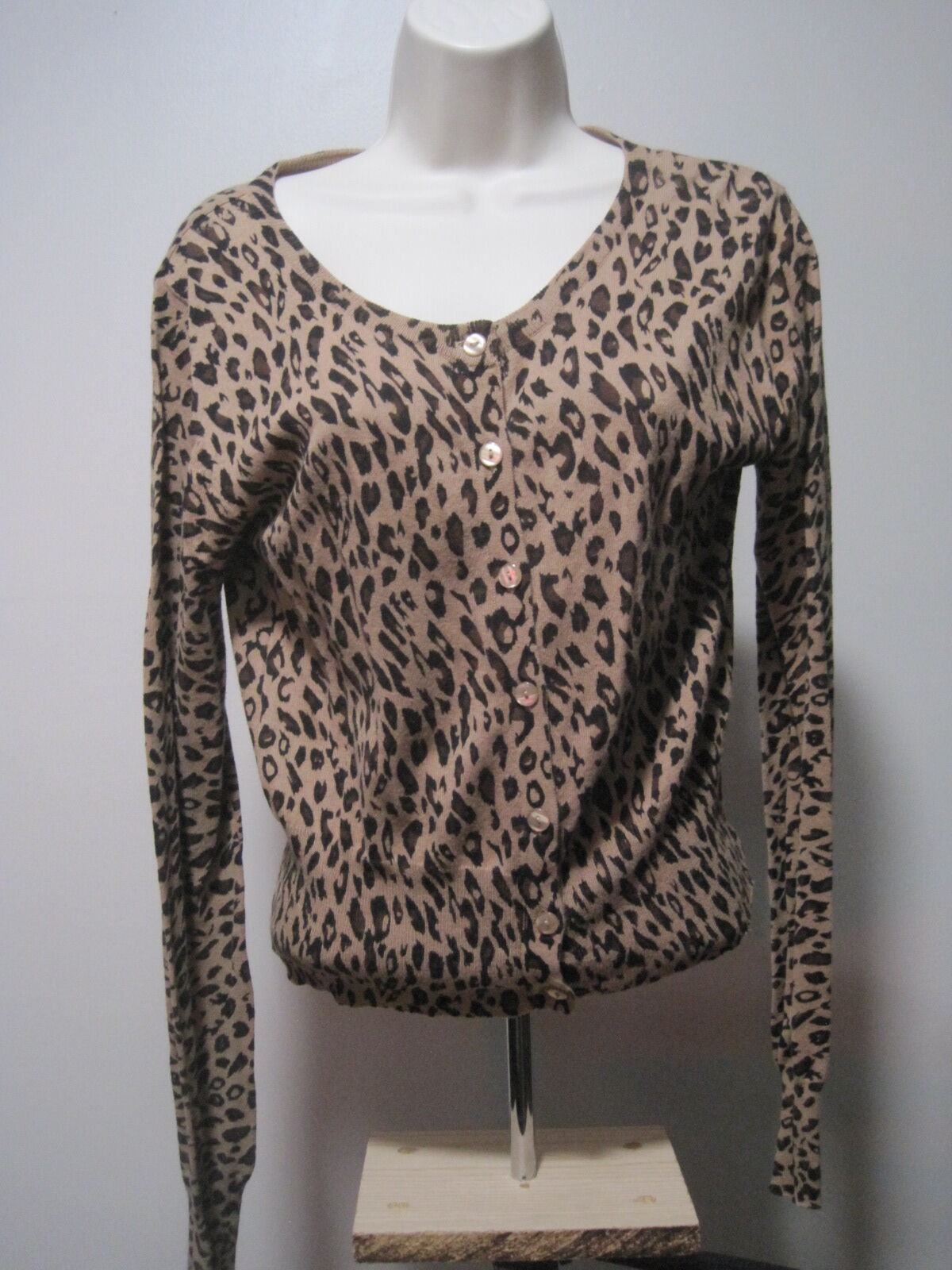 Wet Seal Long Sleeve Leopard Animal Print Sheer Button Up Sweater Women Sz Large