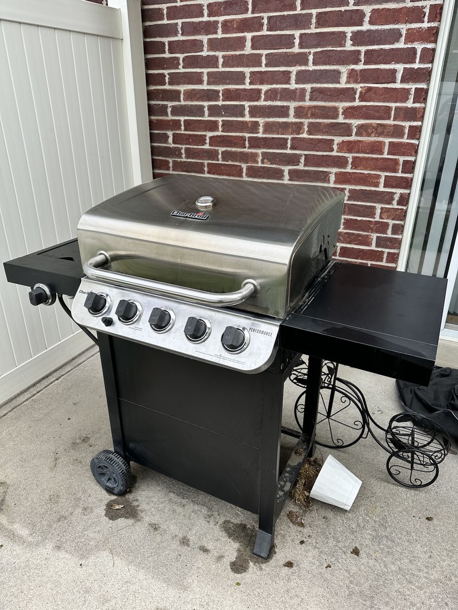 Char-Broil 5 burner grill with side burner.