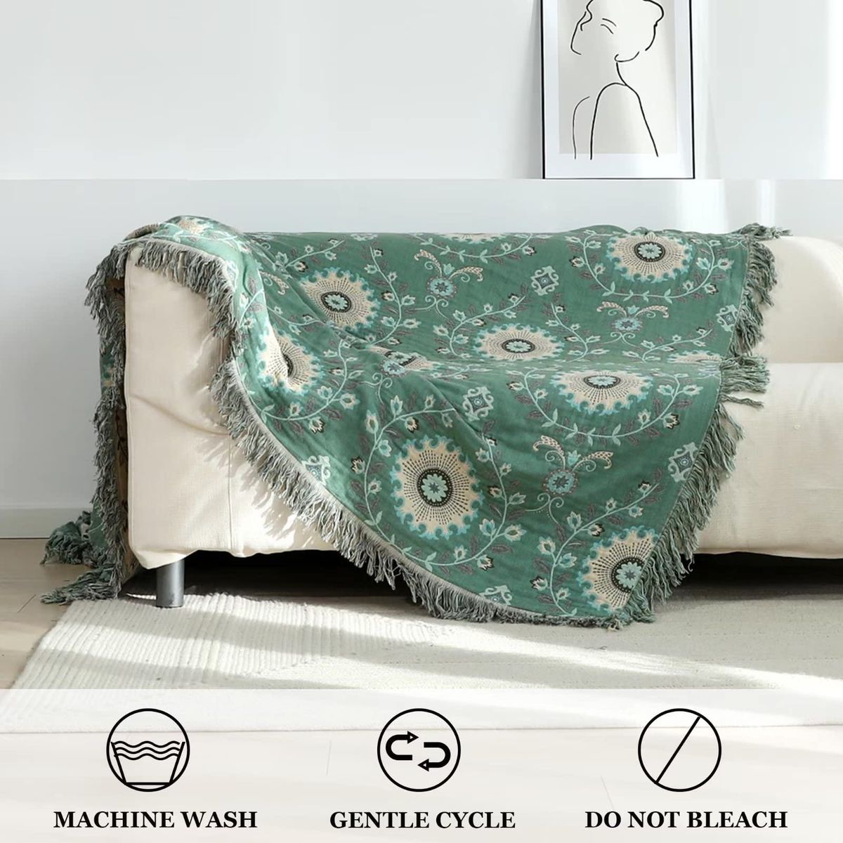 Bohemian Floral Medallion Woven Throw Blanket with Tassels - Green, Cotton Blend, 60x75 inches