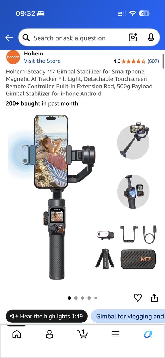 Hohem iSteady M7 Smartphone Gimbal Stabilizer w/ AI Tracker, Fill Light, Remote, Extension Rod