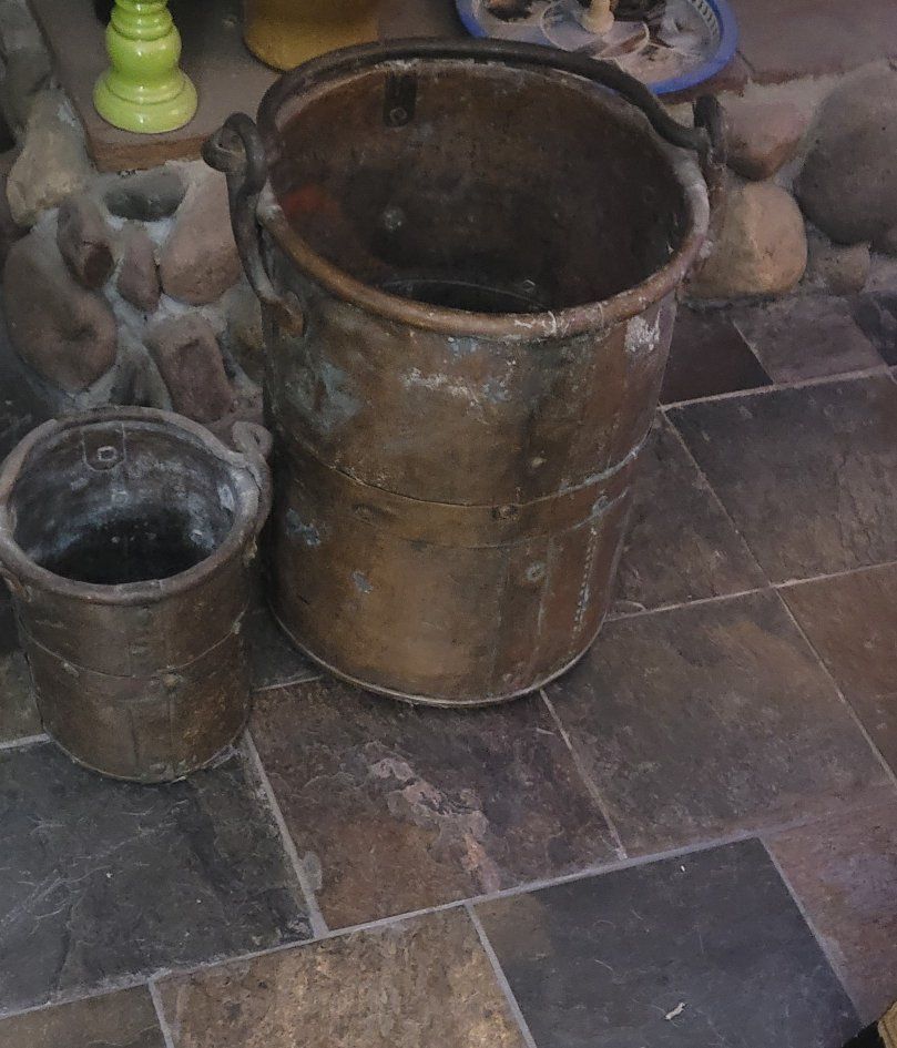 Very large and small. very heavy real copper. Vintage Copper Buckets with Handles. over 80 years old. the real stuff.