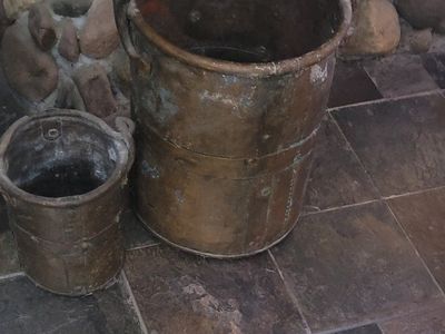 Very large and small. very heavy real copper. Vintage Copper Buckets with Handles. over 80 years old. the real stuff.