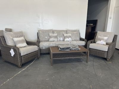 NEW COSTCO OUTDOOR PATIO WOVEN CHAIR SET w/ FOOT RESTS