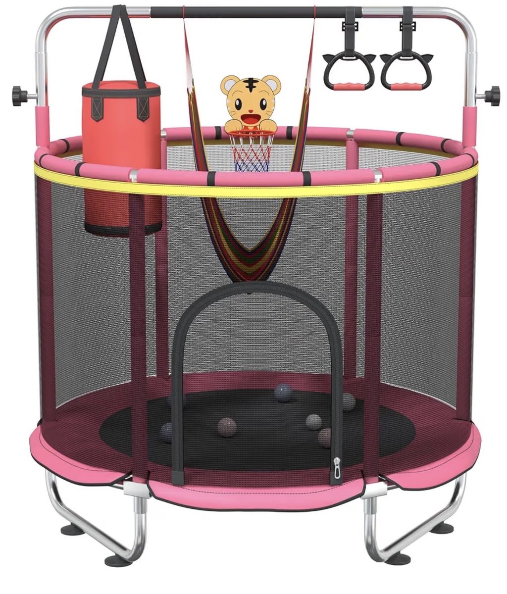 Indoor Kids Toddler Trampoline w/ Enclosure Net, Basketball Hoop, Punching Bag, Swing - Pink, 60"
