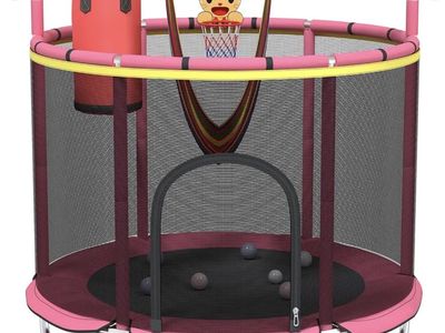Indoor Kids Toddler Trampoline w/ Enclosure Net, Basketball Hoop, Punching Bag, Swing - Pink, 60"