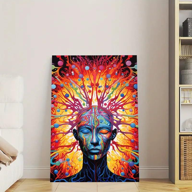 Psychedelic Abstract Mind Canvas Wall Art - Vibrant Visionary Art Print Featuring Brain Connections, Spiritual Energy Face - Co