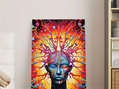 Psychedelic Abstract Mind Canvas Wall Art - Vibrant Visionary Art Print Featuring Brain Connections, Spiritual Energy Face - Co