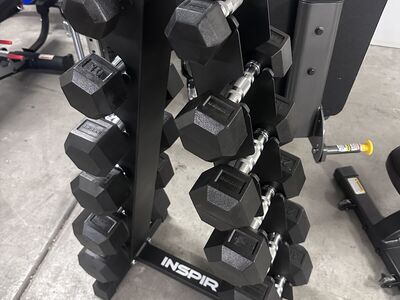 Inspire Fitness Rubber Hex Dumbbells & Rack