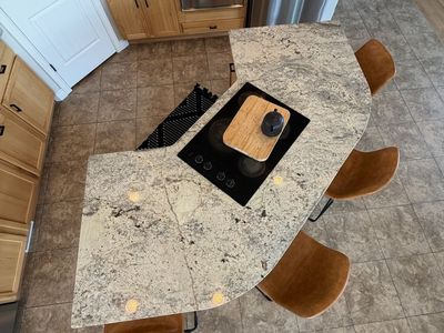 Granite/Quartzite Kitchen Island Countertop with Whirlpool 4-Burner Cooktop - 112"x52.5"x38"