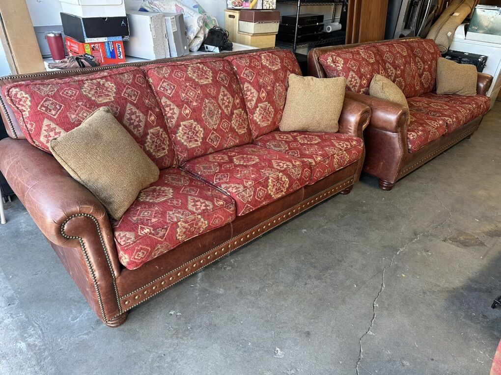 Pair Of Leather And Fabric Sofas Killim Pattern