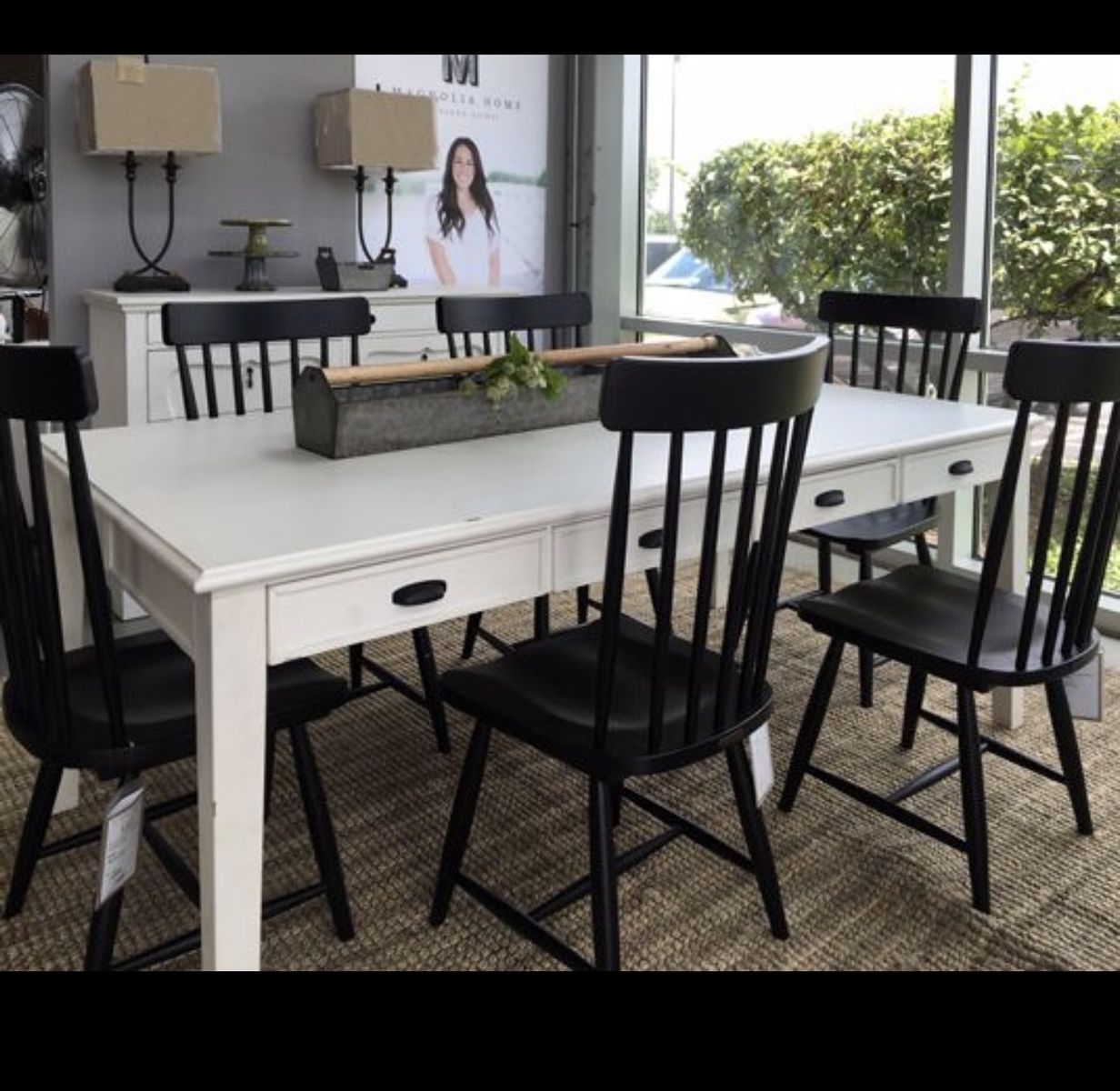 White Wood Dining Table with 6 Black Spindle Back Chairs - Modern Farmhouse Style, 7 Piece Set