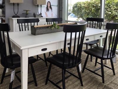 White Wood Dining Table with 6 Black Spindle Back Chairs - Modern Farmhouse Style, 7 Piece Set