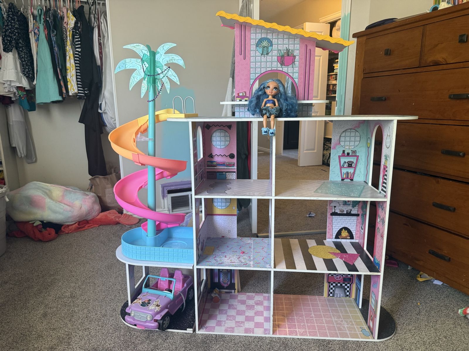 Large LOL Surprise Wooden Dollhouse with Spiral Slide, Car, and Doll