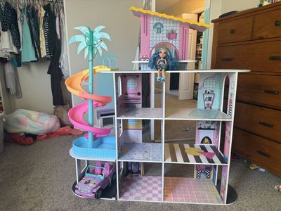 Large LOL Surprise Wooden Dollhouse with Spiral Slide, Car, and Doll