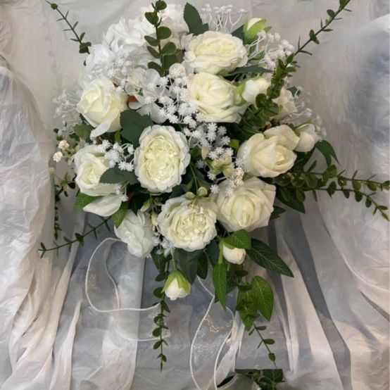Wedding Bouquets & Boutonnieres Set - Artificial White Roses & Greenery - Full Bridal Party Flower Set