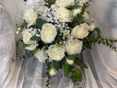 Wedding Bouquets & Boutonnieres Set - Artificial White Roses & Greenery - Full Bridal Party Flower Set