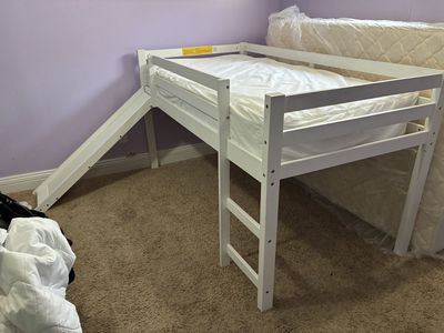 White Twin Size Kids Loft Bed with Slide & Mattress - 42x79x44 inches