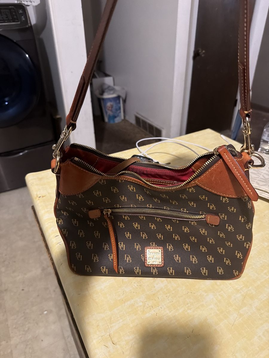 Dooney & Bourke Monogram Signature Brown Leather Trim Shoulder Bag