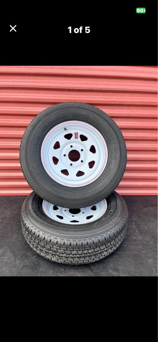 Set of 2 Free Country ST 205/75 R 14 Trailer Tires Mounted on New White Wheels Heavy Duty 8 Ply D Load 5 on 4.5 Brand New