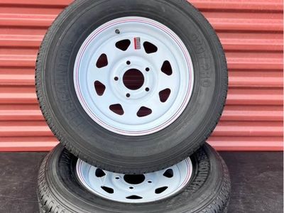 Set of 2 Free Country ST 205/75 R 14 Trailer Tires Mounted on New White Wheels Heavy Duty 8 Ply D Load 5 on 4.5 Brand New