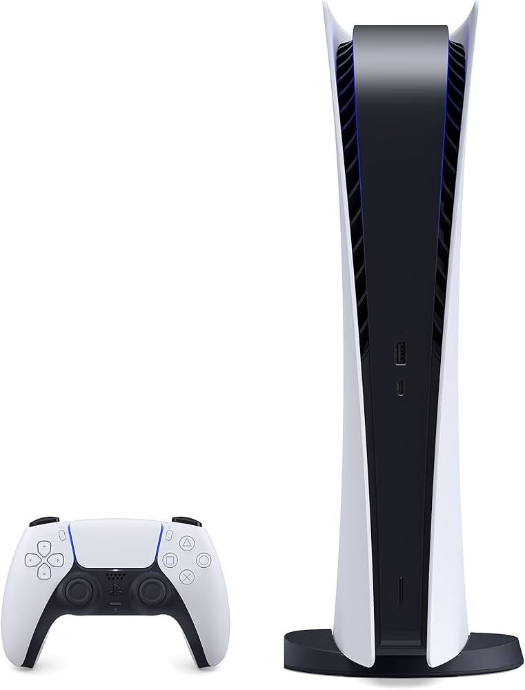 PS5 console with controllers and a headset.