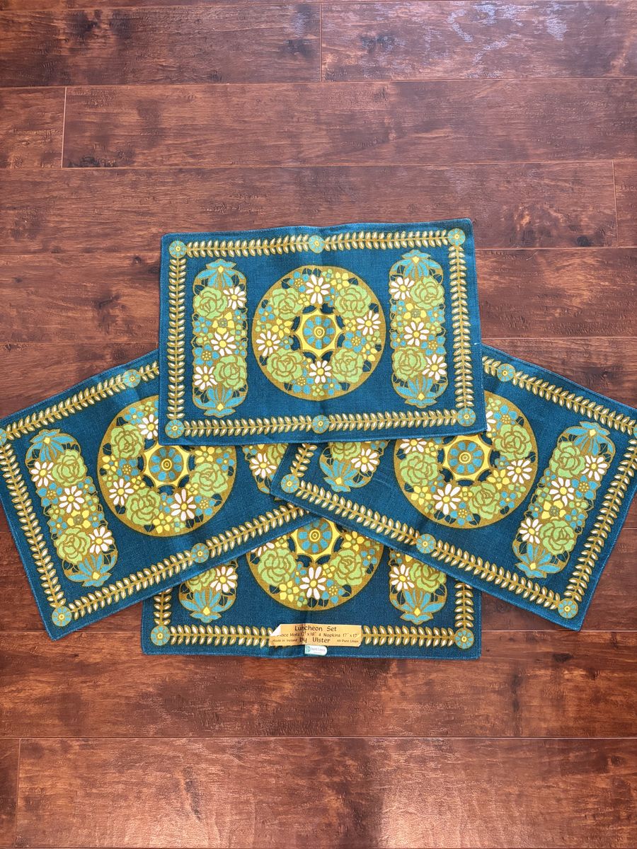 Ulster Pure Irish Linen Luncheon Set Place Mats and Napkins Vintage Blue Green Floral