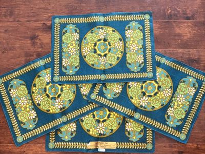 Ulster Pure Irish Linen Luncheon Set Place Mats and Napkins Vintage Blue Green Floral