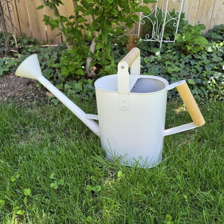 White Metal Watering Can with Wooden Handles - Garden and Patio Decor