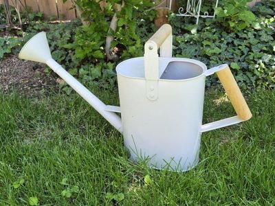 White Metal Watering Can with Wooden Handles - Garden and Patio Decor