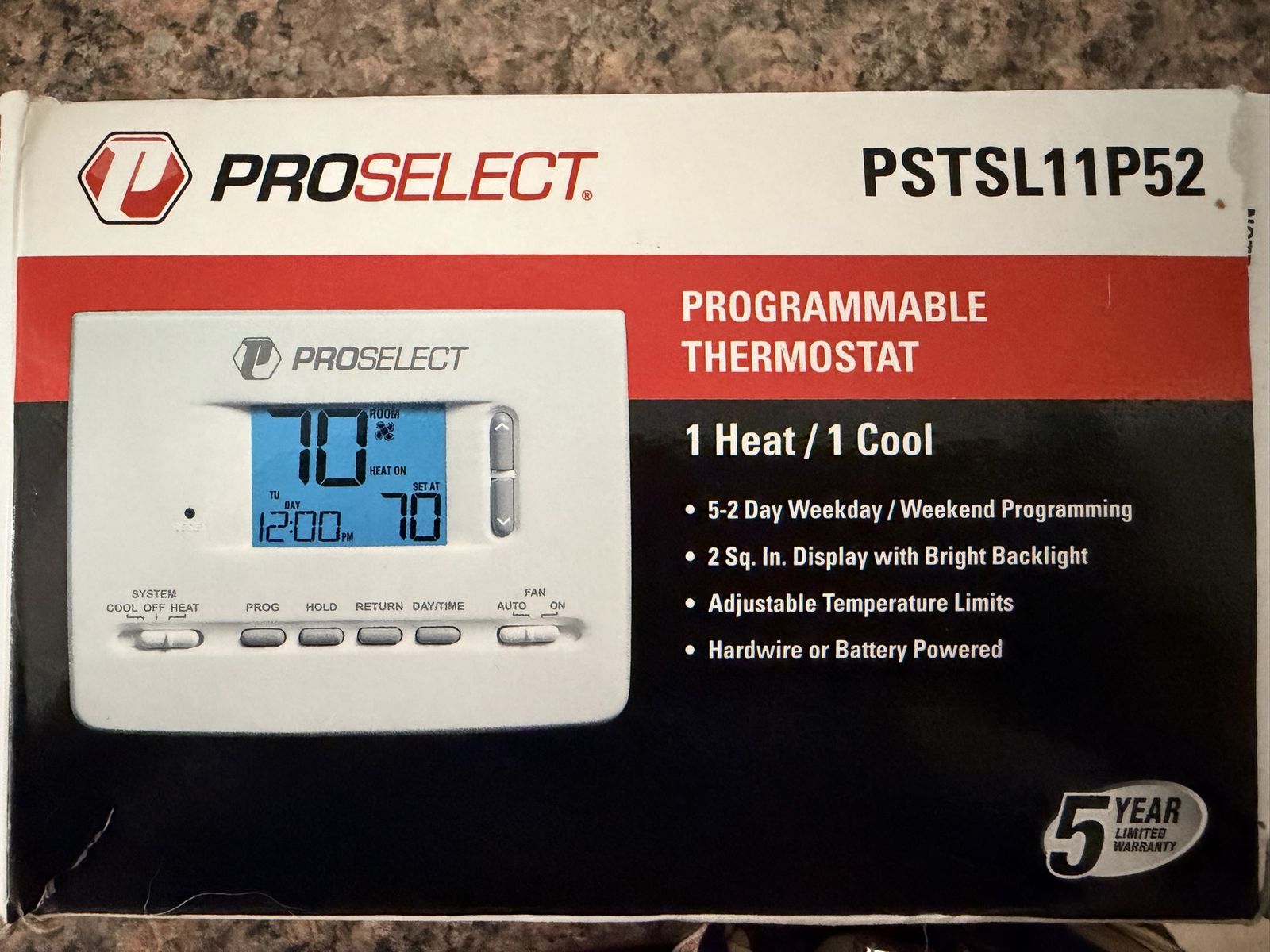 ProSelect PSTSL11P52 Programmable Thermostat 1 Heat/1 Cool, 5-2 Day Programming, Backlit Display