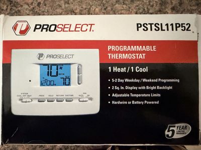 ProSelect PSTSL11P52 Programmable Thermostat 1 Heat/1 Cool, 5-2 Day Programming, Backlit Display