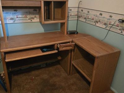 Oak Finish Modular Corner Computer Desk with Hutch and Side Storage