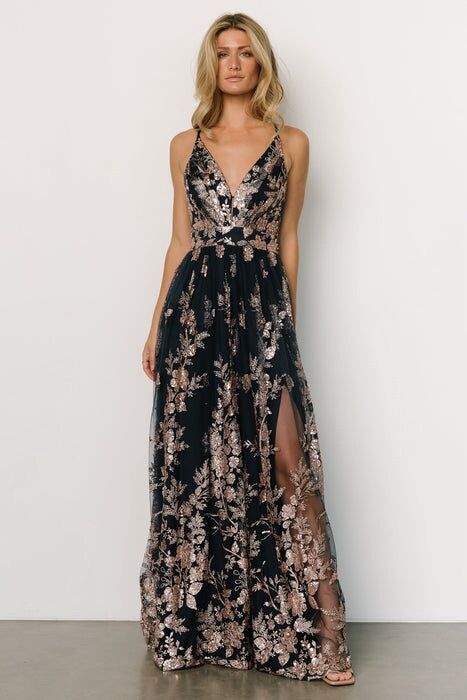 XL Lucienne Shimmer Maxi Gown | Navy + Rose Gold