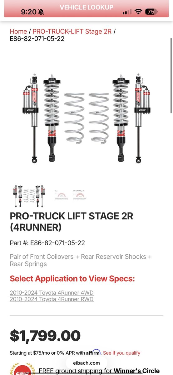 Eibach Pro Truck Stage 2R Lift kit 5th Gen 4runner