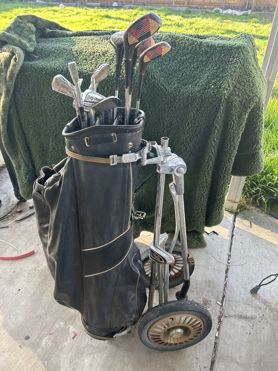 Vintage Golf Bag Clubs And Cart