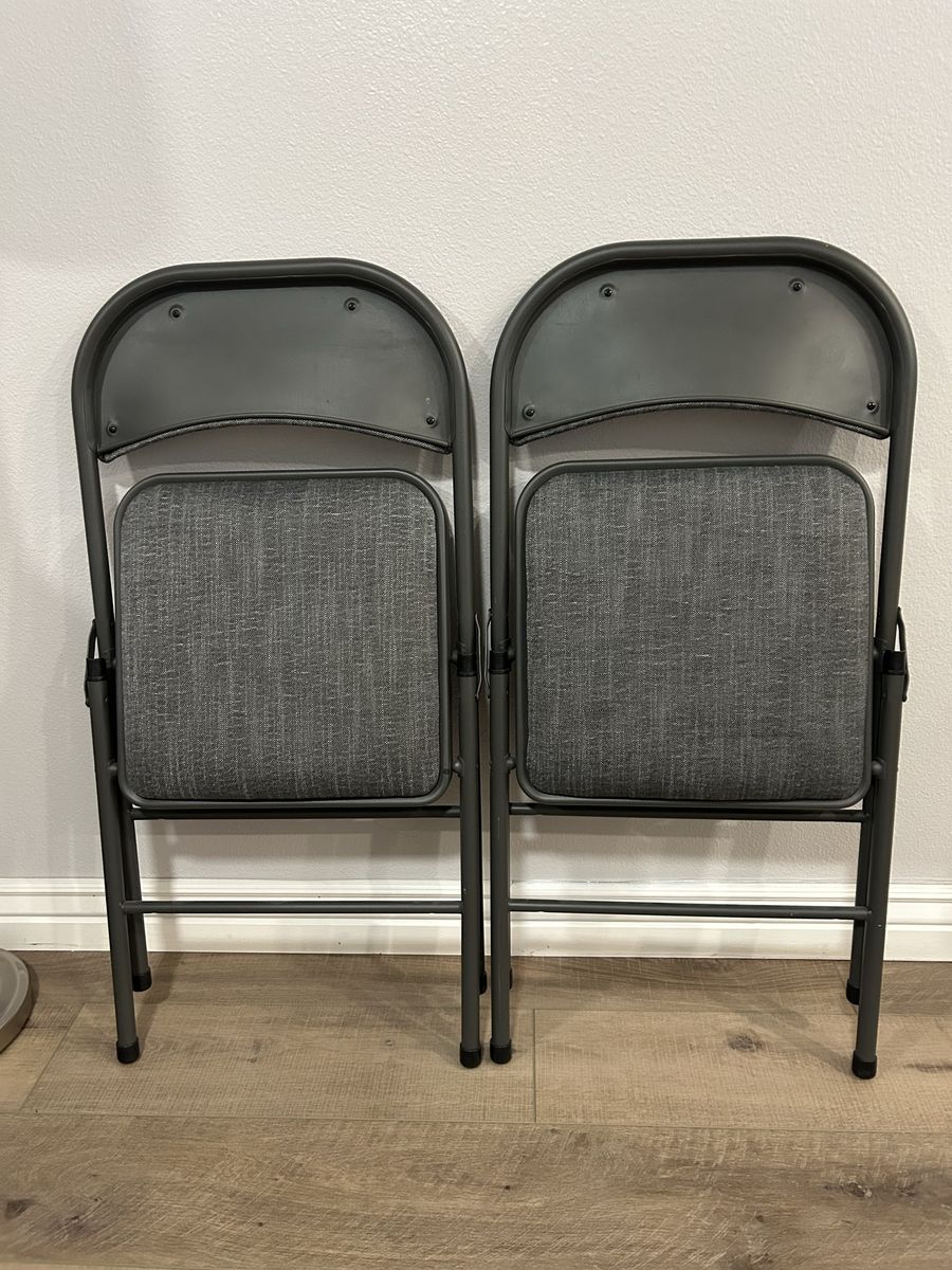 2 Gray Folding Chairs with Padded Seats - Durable Metal Frame & Upholstered Comforted